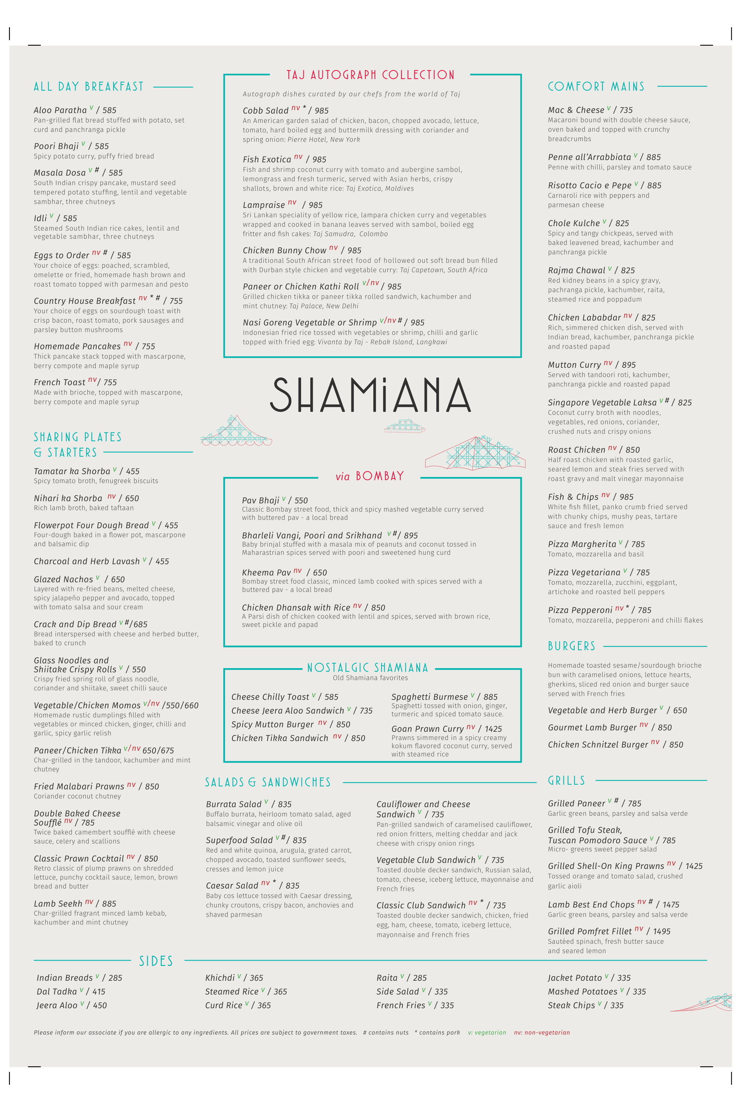 Menu Of Shamiana The Taj Mahal Palace Hotel Mumbai Mumbai