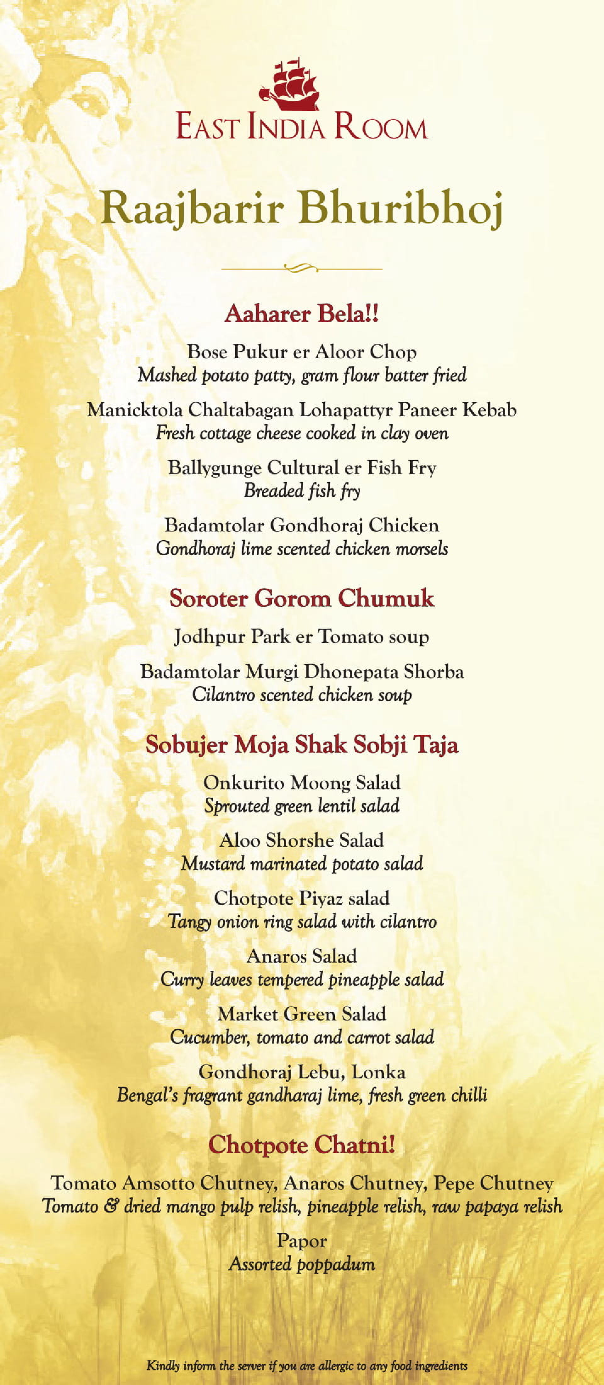 Menu Of East India Room Raajkutir A Boutique Hotel - 