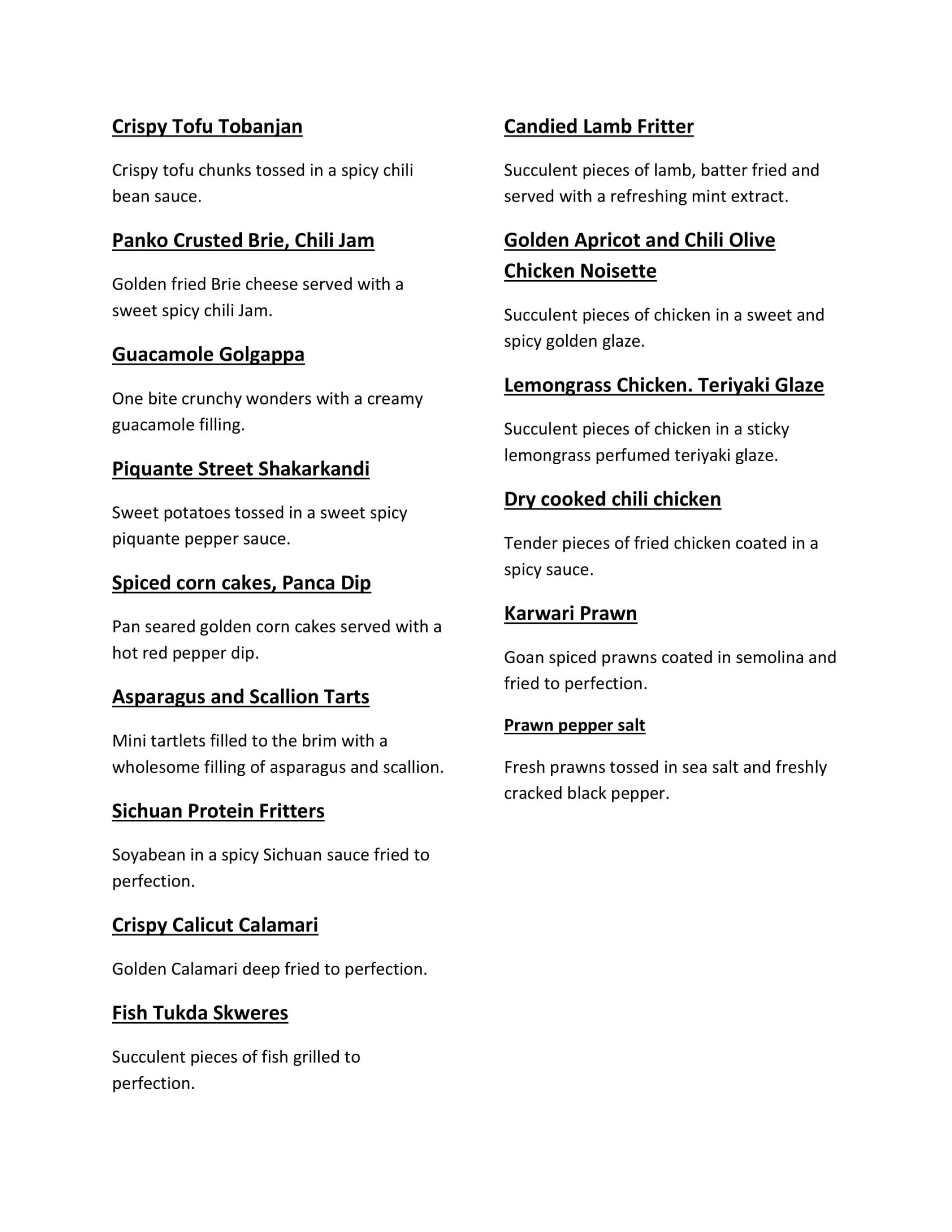 Taj Hotel Food Menu List